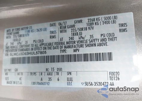 2017 Lincoln Mkc Reserve z USA, uszkodzony, nr VIN 5LMCJ3D93HUL57805